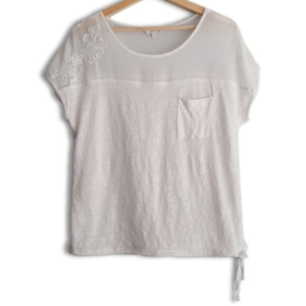 Rw&Co Linen Top Semi-Sheer Floral Embroidered Yoke White Top Sz L